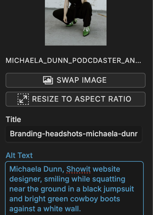 Showit platform backend displaying image settings for Michaela Dunn’s headshot, with alt text field filled in describing her as a Showit website designer in a black jumpsuit and green boots.